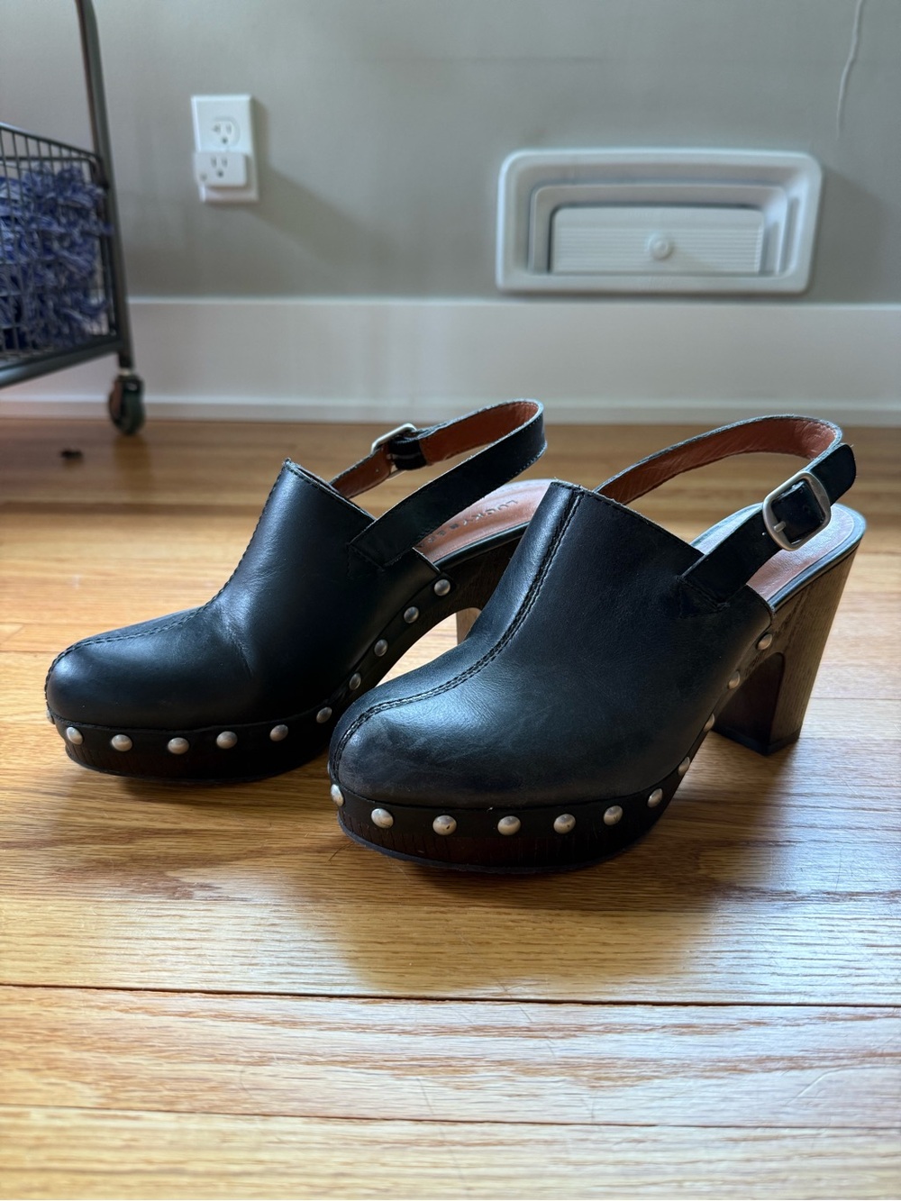Lucky Brand Black Leather Studded Slingback Clog Heels
